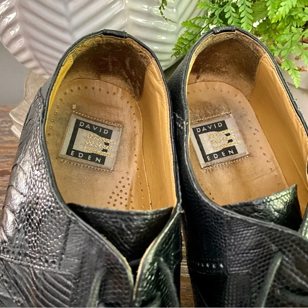 Vtg Exotic Teju Lizard Ostrich Skin David Eden Mens 11 Oxfords Dress Shoes Black